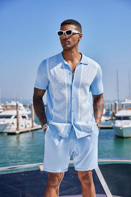 Men's Vintage Inspired Light Blue Knit Short Shirt & Shorts Set