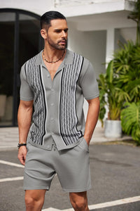Men's Vintage Inspired Beige Knit Short Shirt & Shorts Set