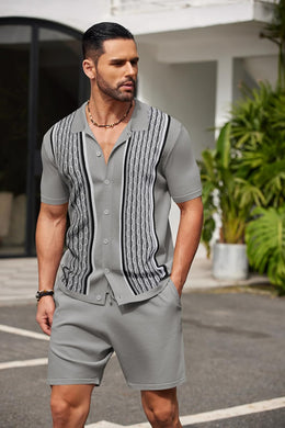 Men's Vintage Inspired Grey Knit Short Shirt & Shorts Set