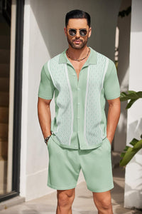 Men's Vintage Inspired Beige Knit Short Shirt & Shorts Set