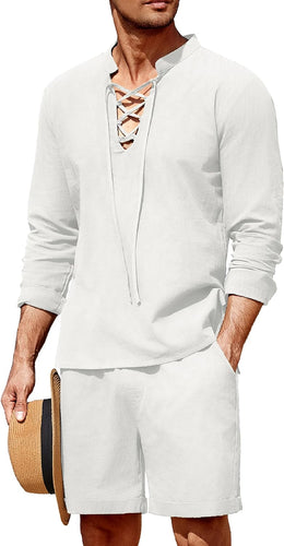 Men's White Lace Up Linen Long Sleeve Short Set