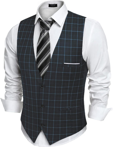 Men's Black Plaid Sleeveless Formal Slim Fit Suit Vest