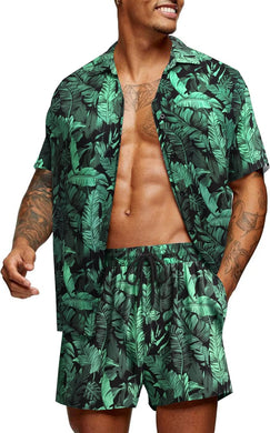 Men's Black & Green Leaves Short Sleeve Shirt & Shorts Set