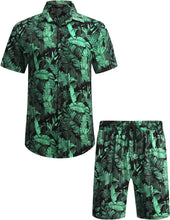 Load image into Gallery viewer, Men&#39;s Black &amp; Green Leaves Short Sleeve Shirt &amp; Shorts Set