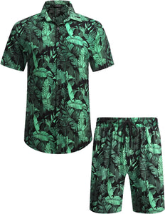 Men's Black & Green Leaves Short Sleeve Shirt & Shorts Set