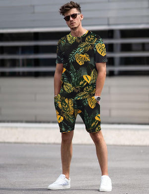 Men's Black Tropical Shirt & Shorts Set