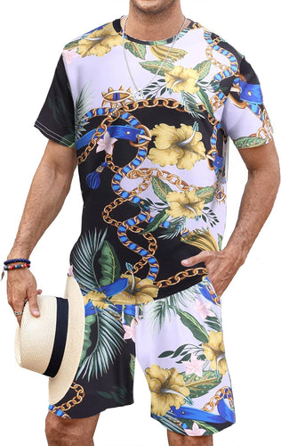 Men's White Chain Floral Shirt & Shorts Set