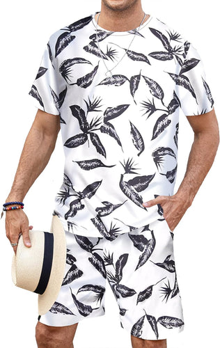 Men's White/Black Leaves Shirt & Shorts Set