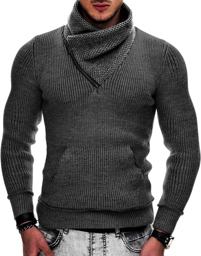 Men's Dark Grey Knit Shawl Neck Zipper Style Long Sleeve Sweater