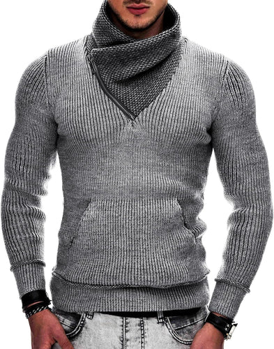 Men's Light Grey Knit Shawl Neck Zipper Style Long Sleeve Sweater