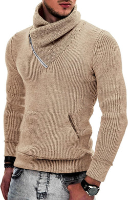 Men's Khaki Knit Shawl Neck Zipper Style Long Sleeve Sweater