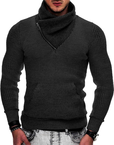 Men's Black Knit Shawl Neck Zipper Style Long Sleeve Sweater