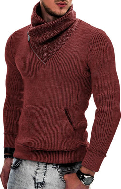 Men's Red Knit Shawl Neck Zipper Style Long Sleeve Sweater