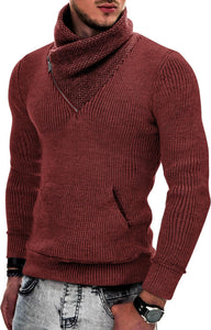 Men's Black Knit Shawl Neck Zipper Style Long Sleeve Sweater