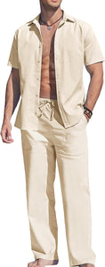 Men's Linen Blue Short Sleeve Button Shirt & Pants Set