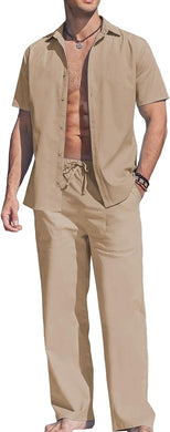 Men's Linen Khaki Short Sleeve Button Shirt & Pants Set