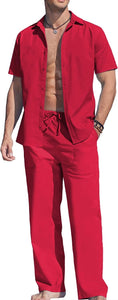 Men's Linen Khaki Short Sleeve Button Shirt & Pants Set