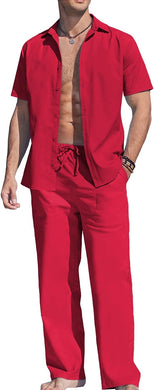 Men's Linen Orange Short Sleeve Button Shirt & Pants Set