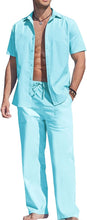 Load image into Gallery viewer, Men&#39;s Linen Blue Short Sleeve Button Shirt &amp; Pants Set