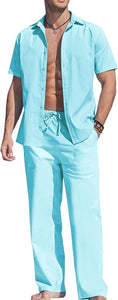 Men's Linen Blue Short Sleeve Button Shirt & Pants Set