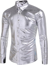 Load image into Gallery viewer, Men&#39;s Designer Style Metallic Shiny Blue Long Sleeve Shirt