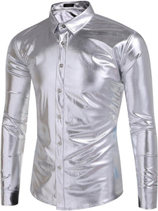 Men's Designer Style Metallic Shiny Blue Long Sleeve Shirt