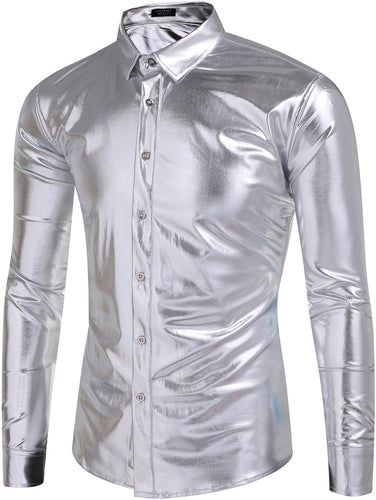 Men's Designer Style Metallic Shiny Silver Long Sleeve Shirt