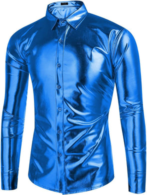 Men's Designer Style Metallic Shiny Blue Long Sleeve Shirt
