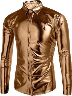 Men's Designer Style Metallic Shiny Copper Gold Long Sleeve Shirt