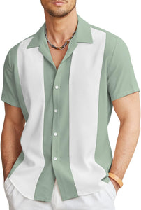 Men's Cuban Style Green Palm Tree Striped Short Sleeve Shirt