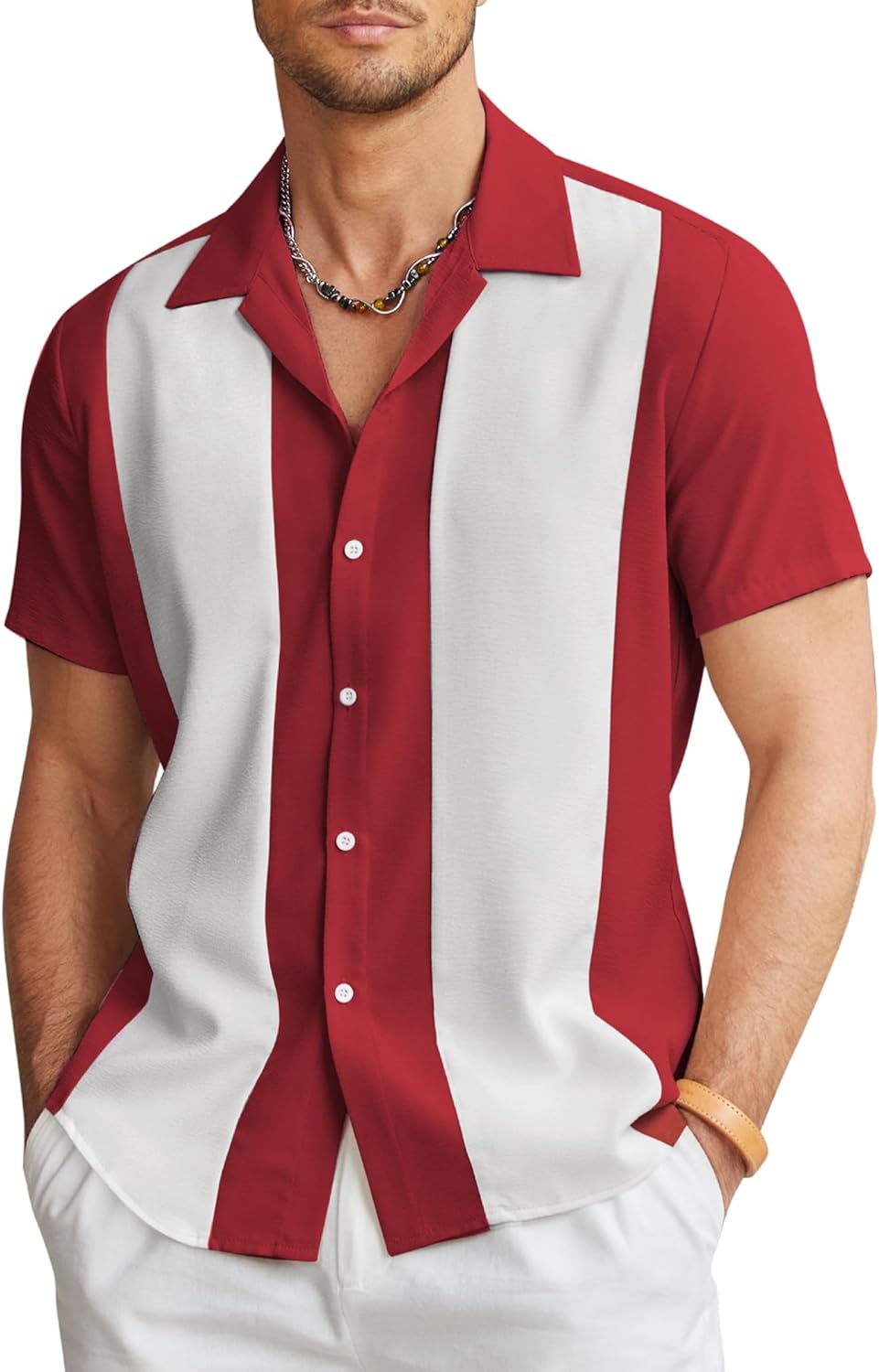 Men's Cuban Style Red/White Striped Short Sleeve Shirt