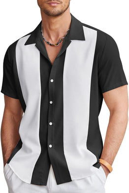 Men's Cuban Style Black/White Striped Short Sleeve Shirt