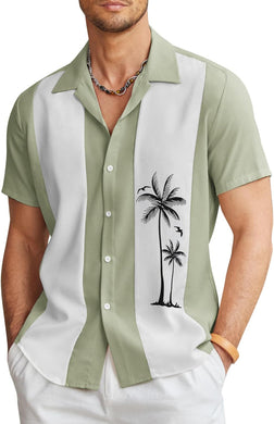 Men's Cuban Style Green Palm Tree Striped Short Sleeve Shirt