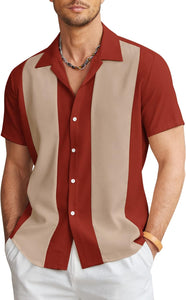 Men's Cuban Style Blue/White Palm Striped Short Sleeve Shirt