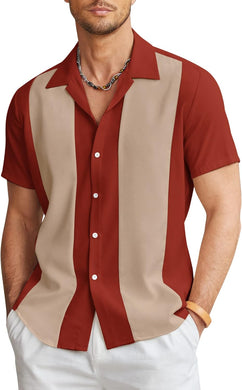 Men's Cuban Style Red/Khaki Striped Short Sleeve Shirt