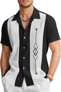 Men's Cuban Style Blue/White Palm Striped Short Sleeve Shirt
