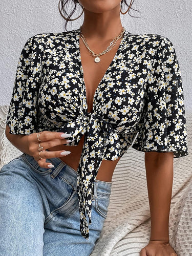 Black Floral Loose Sleeve Tie Knot Wrap Top