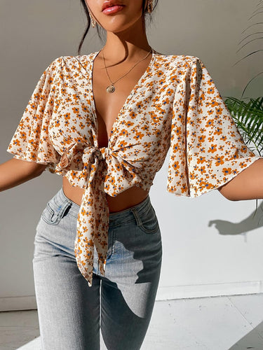 Beige Floral Loose Sleeve Tie Knot Wrap Top