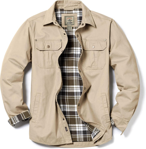 Men's Khaki Cotton Flannel Long Sleeve Shirt Jacket