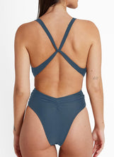 Load image into Gallery viewer, Dusty Blue Cut Out Cross Back Tie Deep V Neck Ruched High Cut