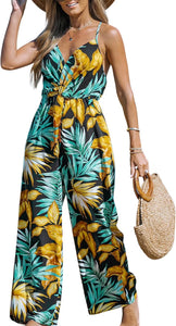 Tropical Leaf Sleeveless Belted Jumpsuit