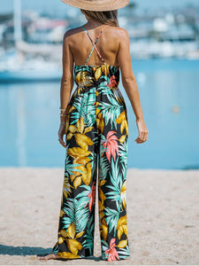 Tropical Leaf Sleeveless Belted Jumpsuit