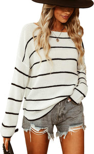 White Striped Long Sleeve Loose Fit Knit Sweater