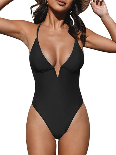 Summer Black Deep V Cross Back One Piece Swimsuit