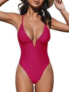 Summer Rose Red Deep V Cross Back One Piece Swimsuit