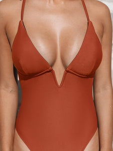 Summer Rose Red Deep V Cross Back One Piece Swimsuit