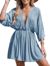 Load image into Gallery viewer, Summer Blue Deep V Eyelet Mini Cover Up Dress