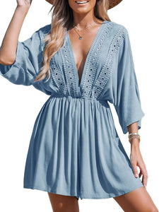 Summer Blue Deep V Eyelet Mini Cover Up Dress