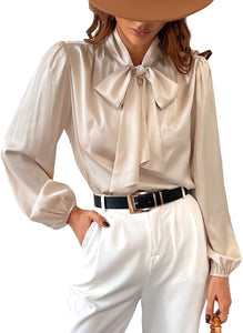 Champagne Gold Satin Bow Tied Long Sleeve Top Blouse