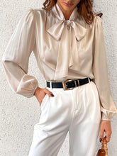 Load image into Gallery viewer, Champagne Gold Satin Bow Tied Long Sleeve Top Blouse